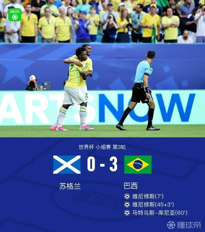 巴西3-0苏格兰，维尼修斯双响，内马尔替补登场