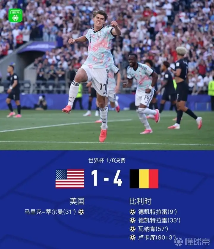 比利时4-1战胜美国，晋级八强，德凯特拉雷梅开二度