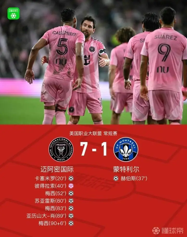 迈阿密国际7-1蒙特利尔,梅西大四喜,卡塞米罗、苏亚雷斯破门