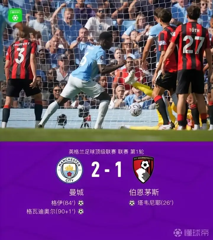 曼城2-1伯恩茅斯:格瓦迪奥尔绝杀,格伊头球扳平
